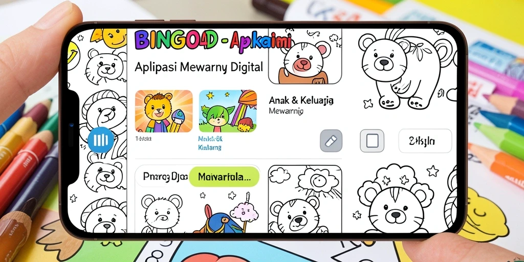 Tampilan antarmuka BINGO4D menunjukkan berbagai gambar dan alat mewarnai.