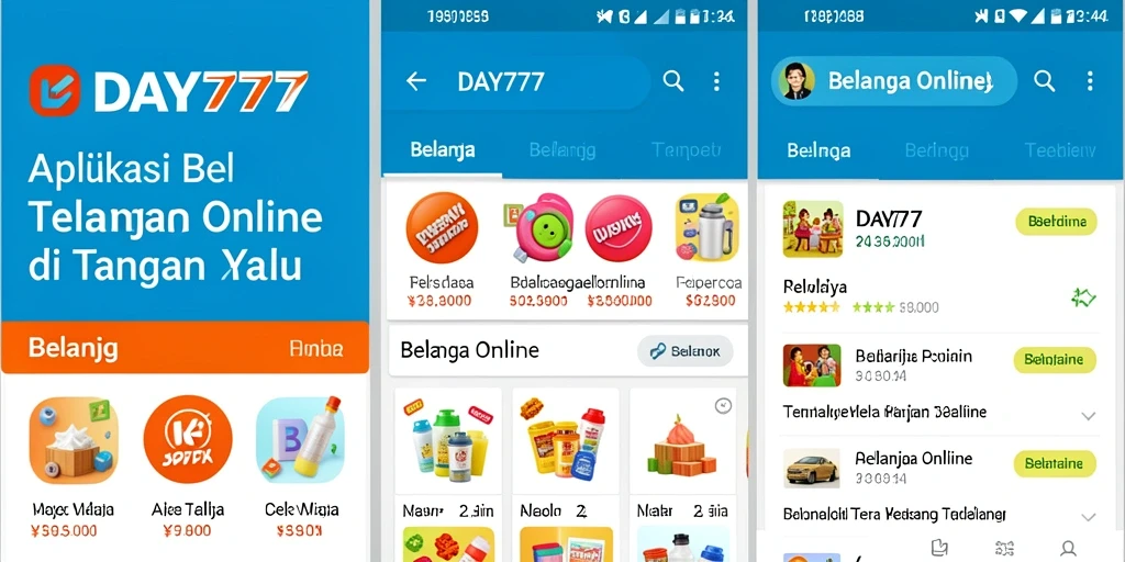 Tampilan antarmuka aplikasi DAY777 untuk belanja online.