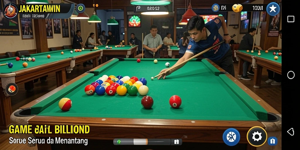 Antarmuka permainan billiard JAKARTAWIN yang menarik dan intuitif.