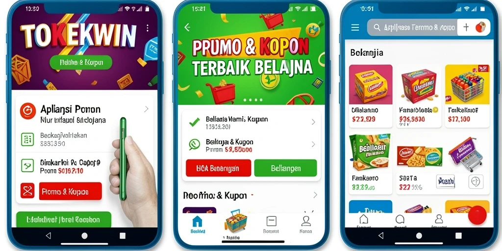Tampilan antarmuka aplikasi TOKEKWIN dengan beragam kupon menarik.